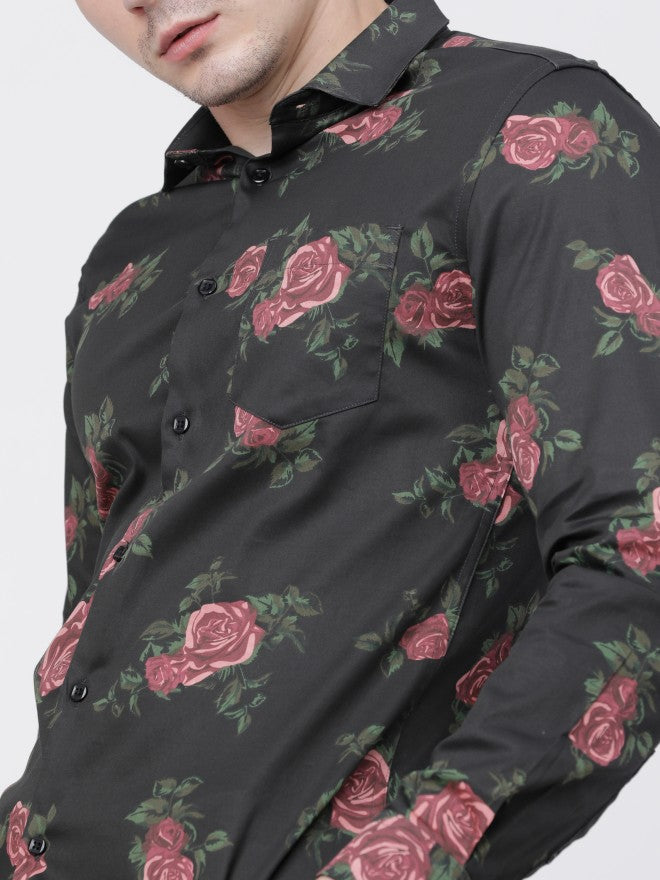 Mens Black/Maroon Slim Fit Printed Casual Shirt - Black - Image 4