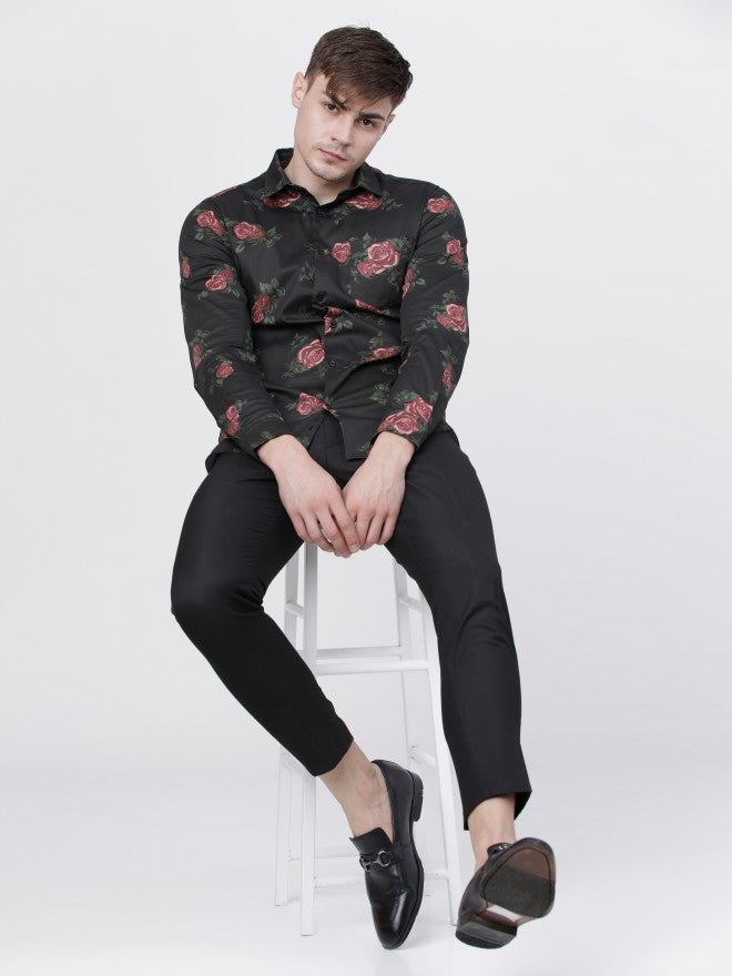 Mens Black/Maroon Slim Fit Printed Casual Shirt - Black - Image 5