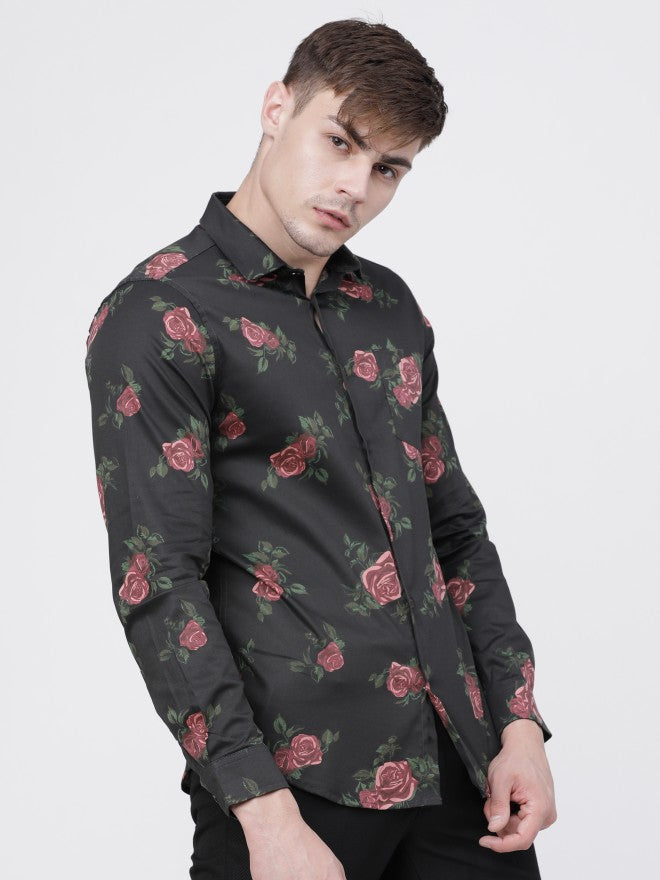 Mens Black/Maroon Slim Fit Printed Casual Shirt - Black - Image 6