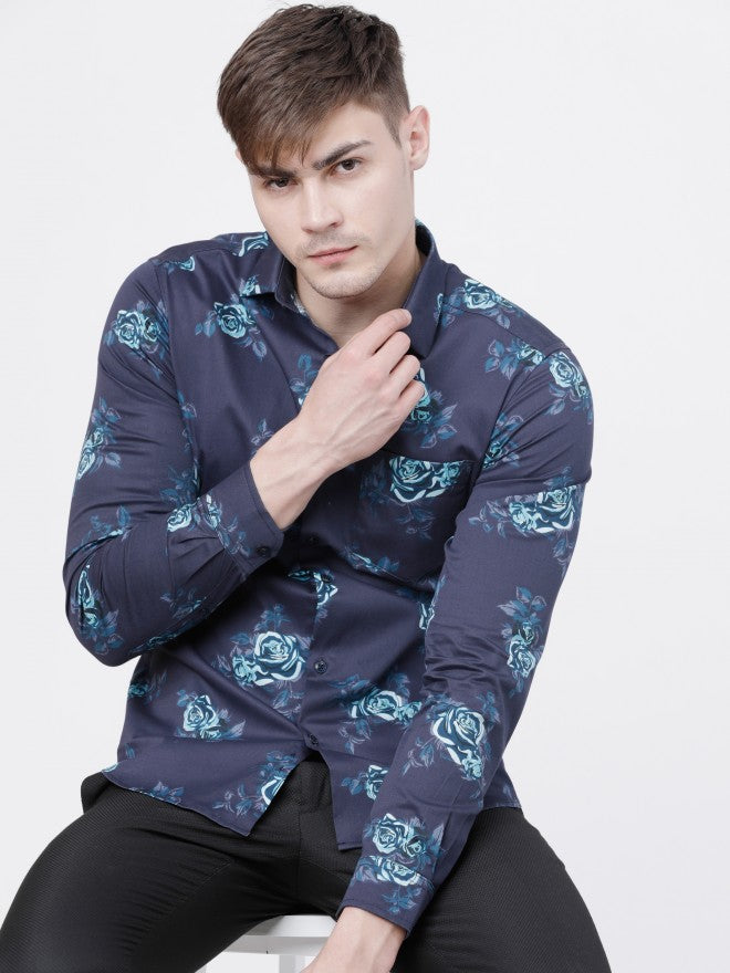 Mens Navy Blue Slim Fit Printed Casual Shirt - Navy Blue - Image 1