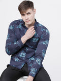 Mens Navy Blue Slim Fit Printed Casual Shirt - Navy Blue - Image 1