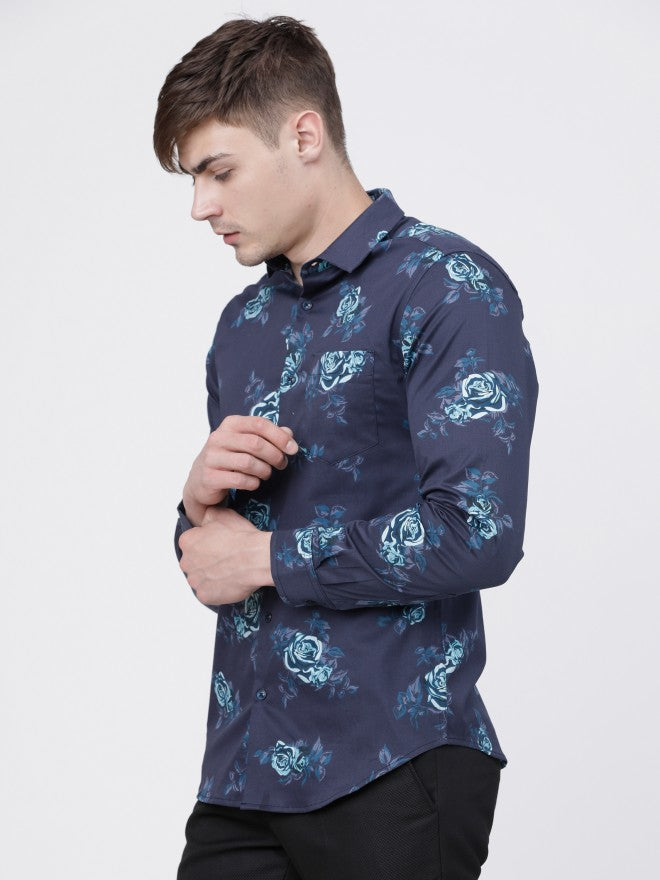 Mens Navy Blue Slim Fit Printed Casual Shirt - Navy Blue - Image 2