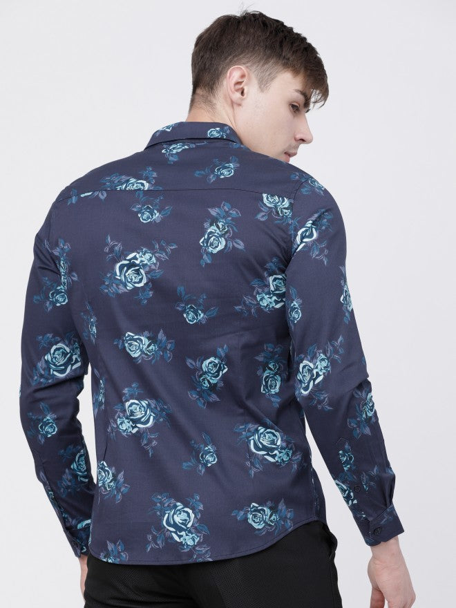 Mens Navy Blue Slim Fit Printed Casual Shirt - Navy Blue - Image 3