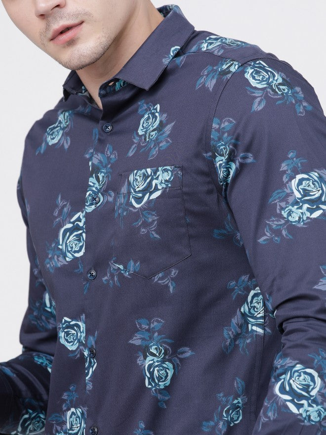 Mens Navy Blue Slim Fit Printed Casual Shirt - Navy Blue - Image 4