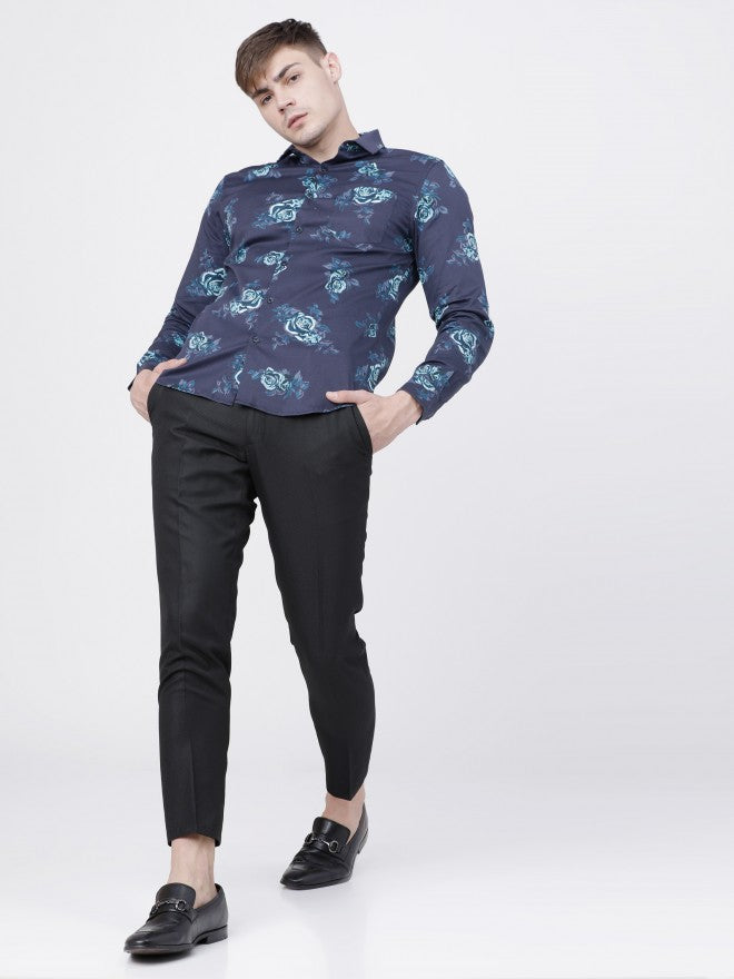 Mens Navy Blue Slim Fit Printed Casual Shirt - Navy Blue - Image 5