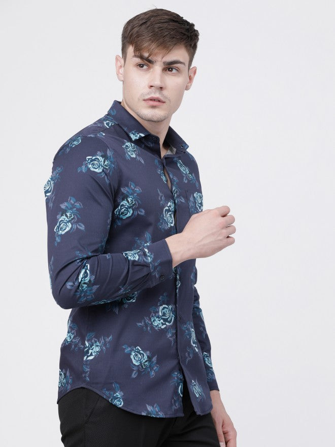 Mens Navy Blue Slim Fit Printed Casual Shirt - Navy Blue - Image 6