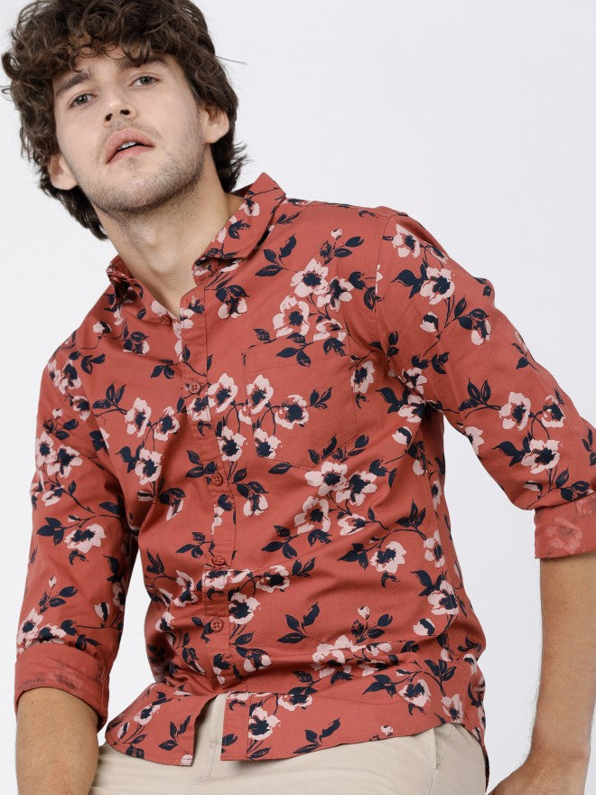 Mens Rust & Black Slim Fit Printed Casual Shirt - Terracotta - Image 1