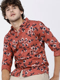Mens Rust & Black Slim Fit Printed Casual Shirt - Terracotta - Image 1