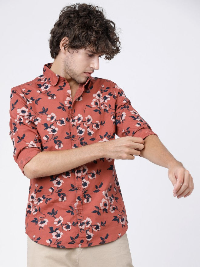 Mens Rust & Black Slim Fit Printed Casual Shirt - Terracotta - Image 2