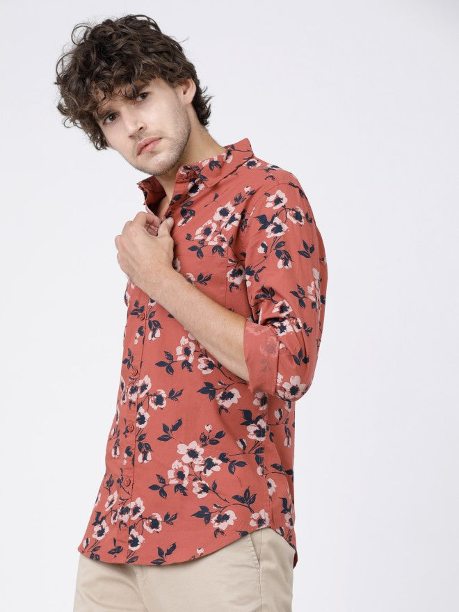 Mens Rust & Black Slim Fit Printed Casual Shirt - Terracotta - Image 3