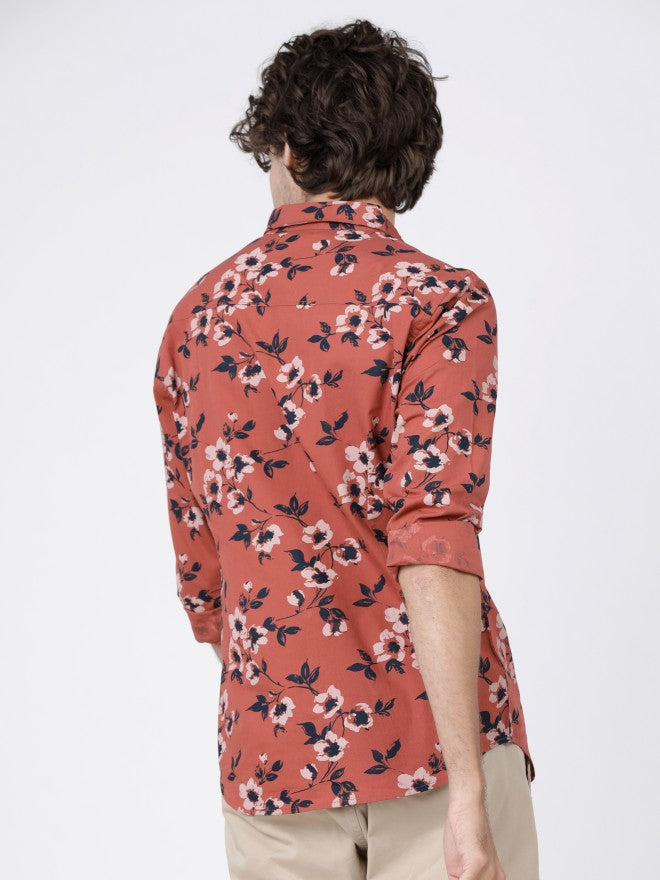 Mens Rust & Black Slim Fit Printed Casual Shirt - Terracotta - Image 4