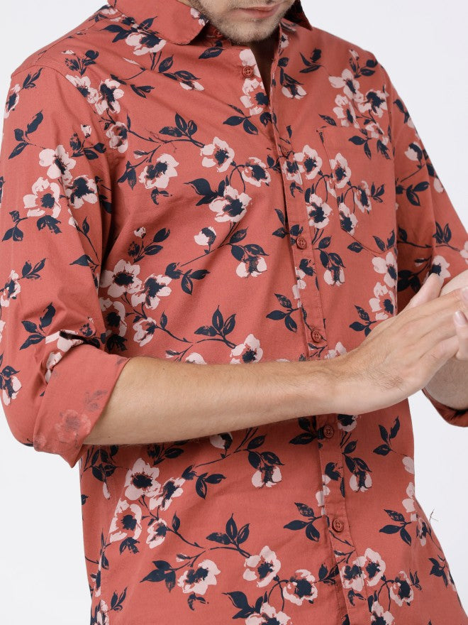 Mens Rust & Black Slim Fit Printed Casual Shirt - Terracotta - Image 5
