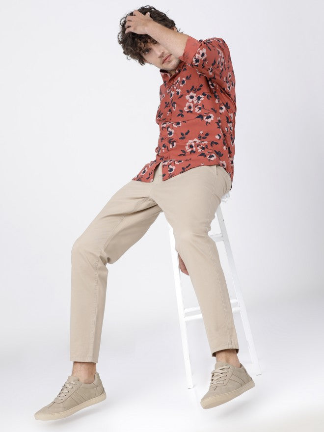 Mens Rust & Black Slim Fit Printed Casual Shirt - Terracotta - Image 6