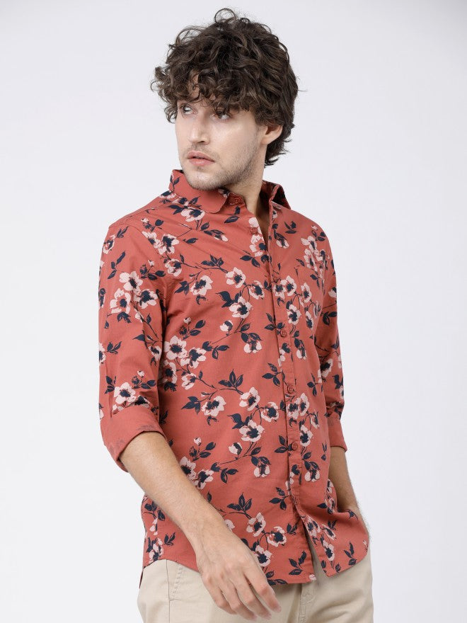 Mens Rust & Black Slim Fit Printed Casual Shirt - Terracotta - Image 7