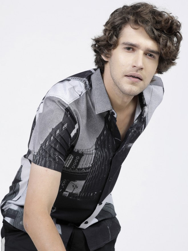 Mens Black/White Slim Fit Printed Casual Shirt - Black - Image 1