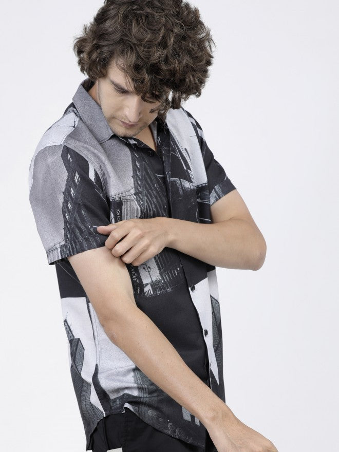 Mens Black/White Slim Fit Printed Casual Shirt - Black - Image 2