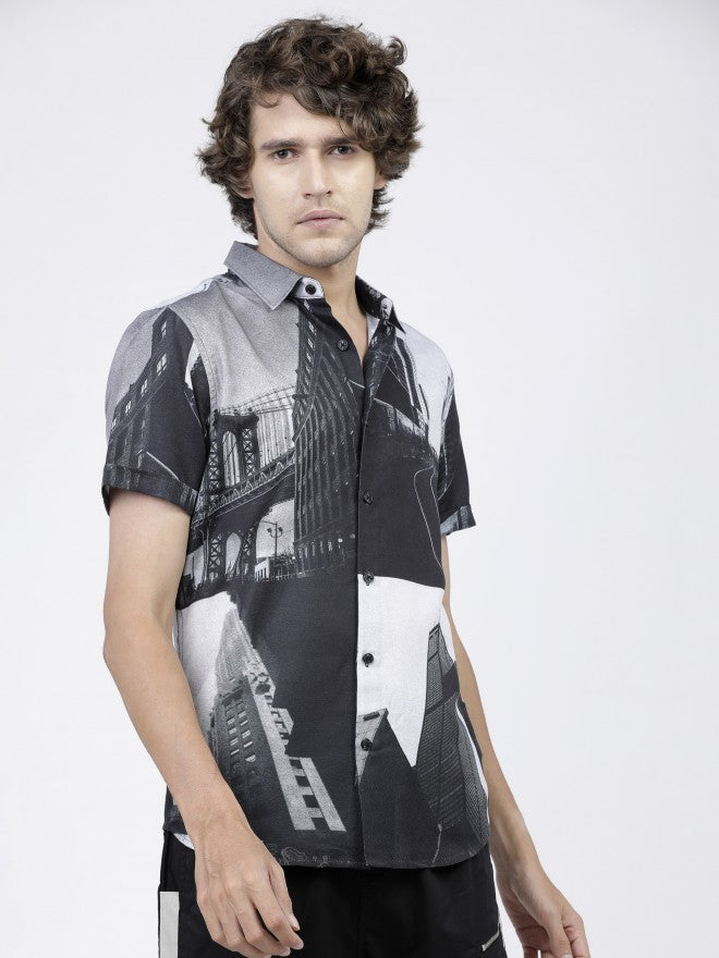 Mens Black/White Slim Fit Printed Casual Shirt - Black - Image 3