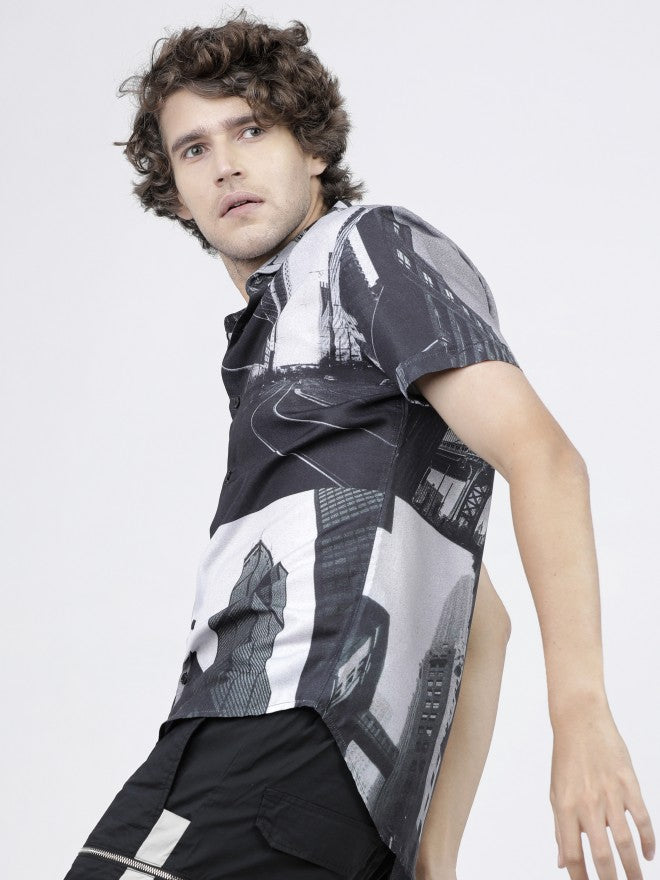 Mens Black/White Slim Fit Printed Casual Shirt - Black - Image 4