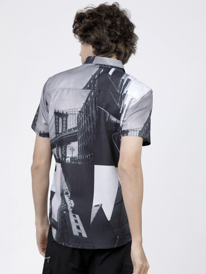 Mens Black/White Slim Fit Printed Casual Shirt - Black - Image 5