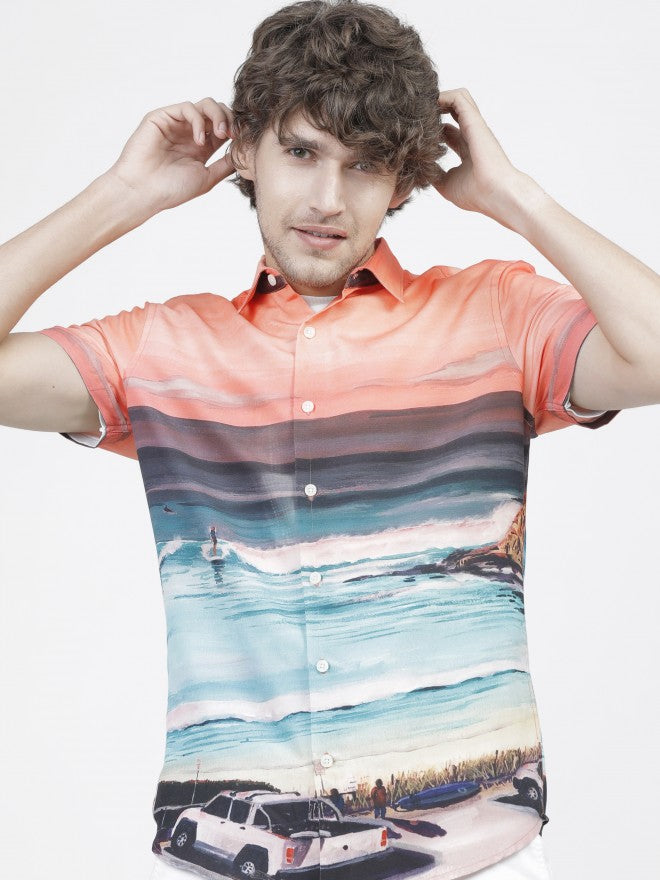 Mens White Slim Fit Printed Casual Shirt - White - Image 1
