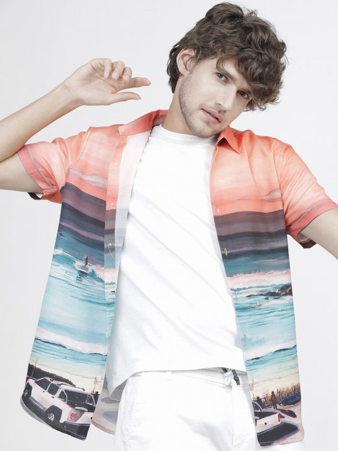 Mens White Slim Fit Printed Casual Shirt - White - Image 2