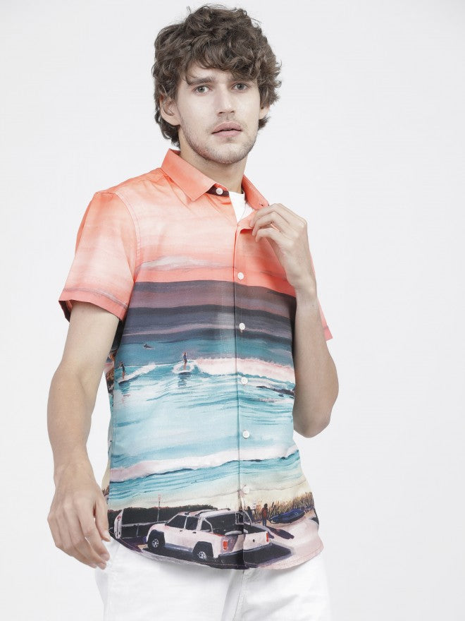 Mens White Slim Fit Printed Casual Shirt - White - Image 3