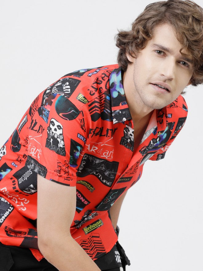 Mens Red & Black Slim Fit Printed Casual Shirt - Red - Image 1