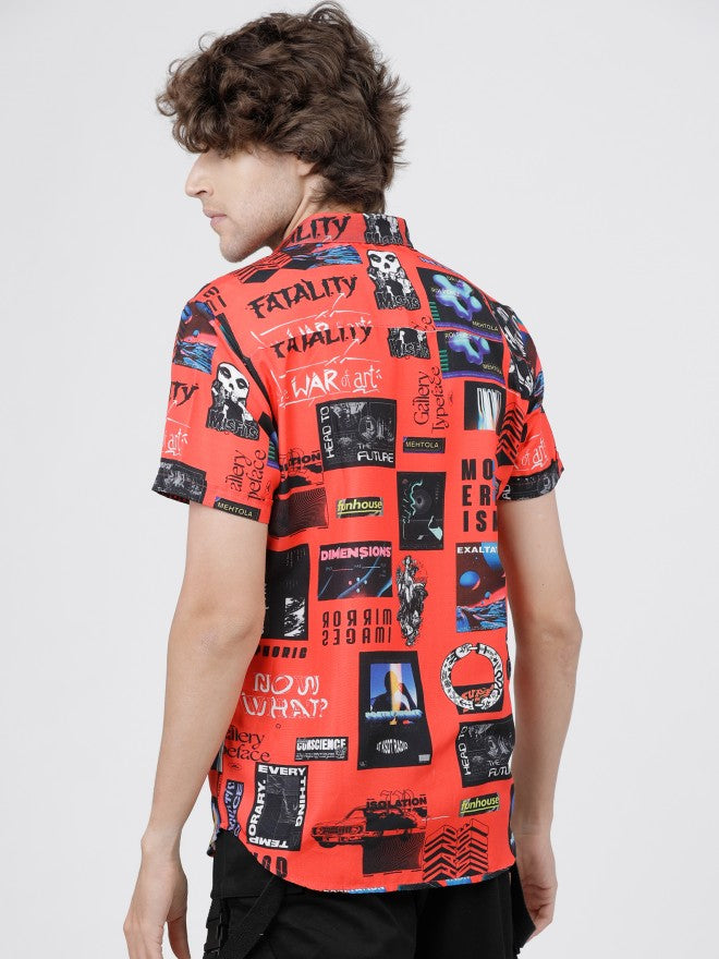 Mens Red & Black Slim Fit Printed Casual Shirt - Red - Image 3