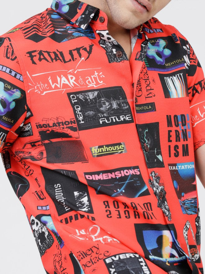 Mens Red & Black Slim Fit Printed Casual Shirt - Red - Image 4