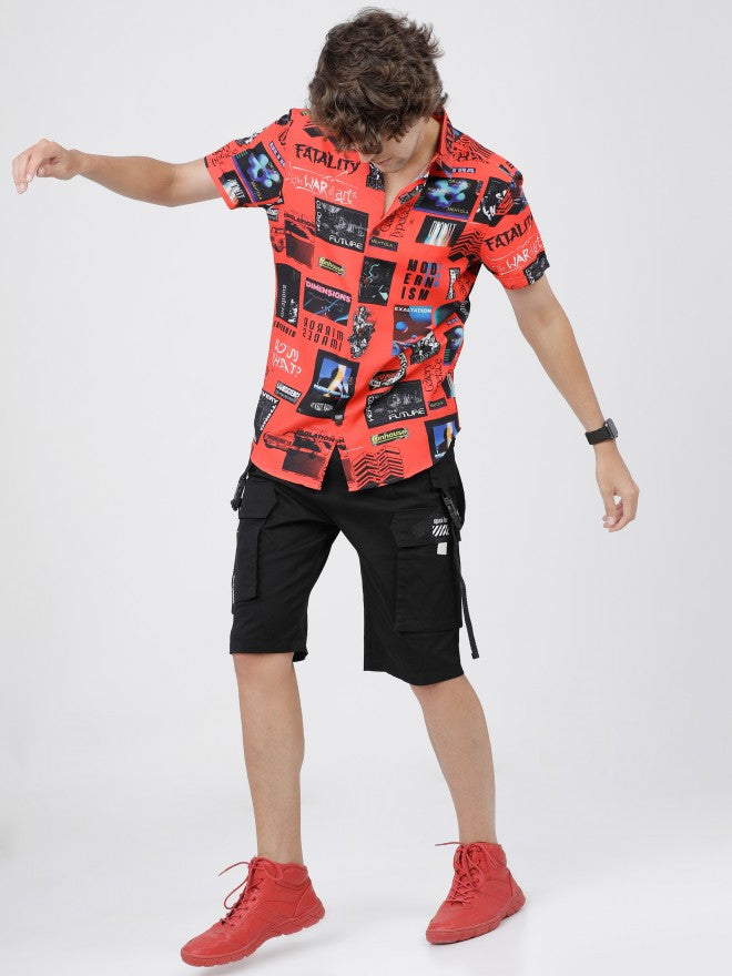Mens Red & Black Slim Fit Printed Casual Shirt - Red - Image 5