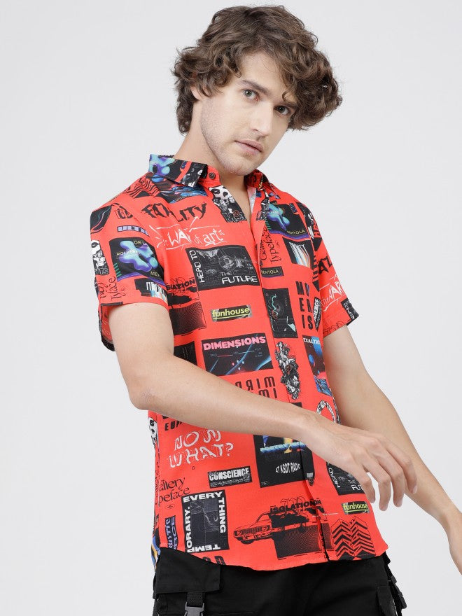 Mens Red & Black Slim Fit Printed Casual Shirt - Red - Image 6
