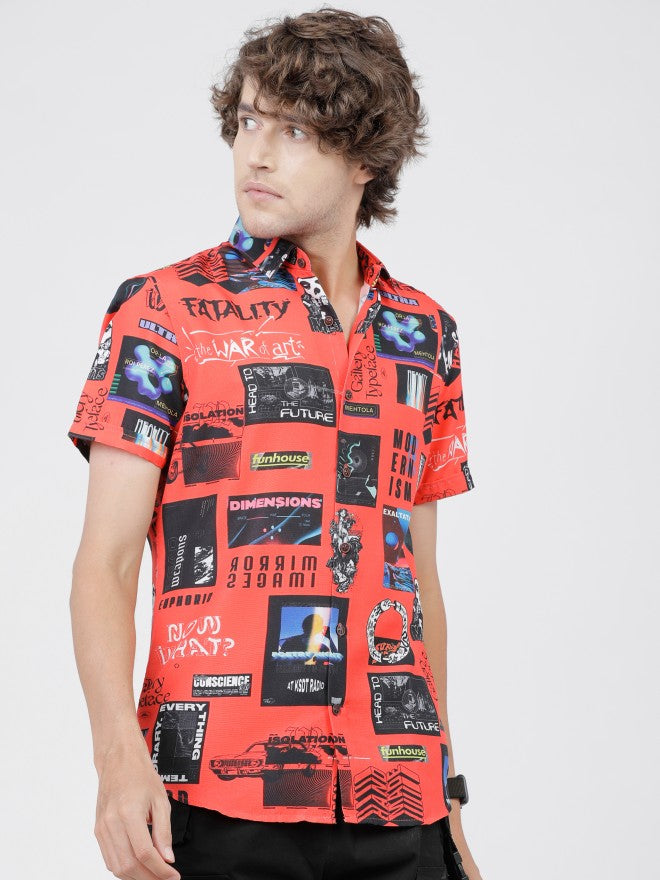 Mens Red & Black Slim Fit Printed Casual Shirt - Red - Image 7