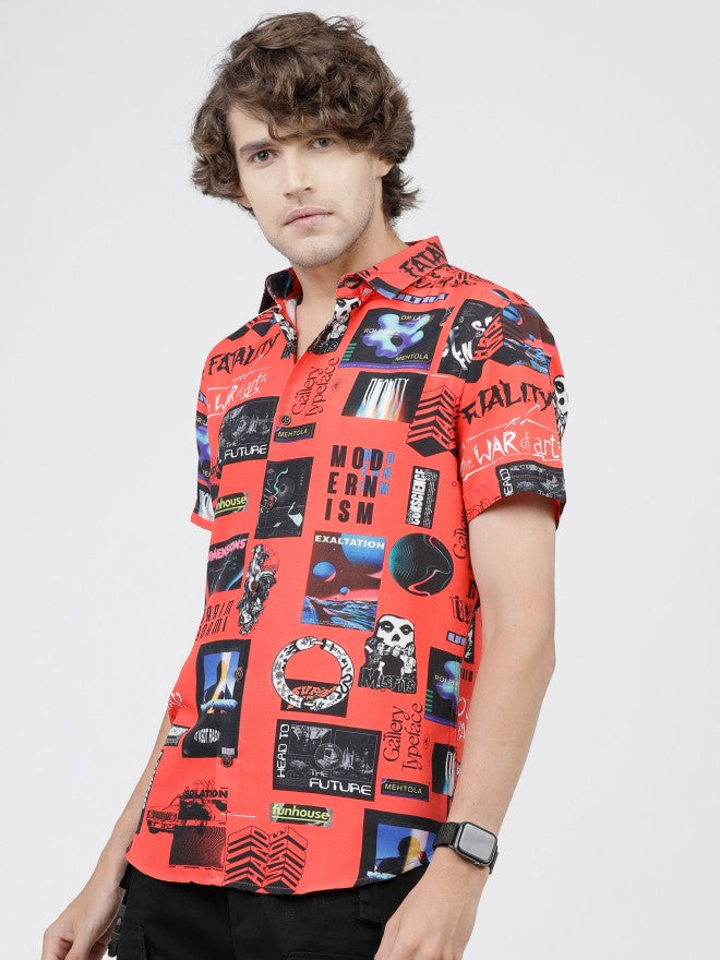 Mens Red & Black Slim Fit Printed Casual Shirt - Red - Image 8
