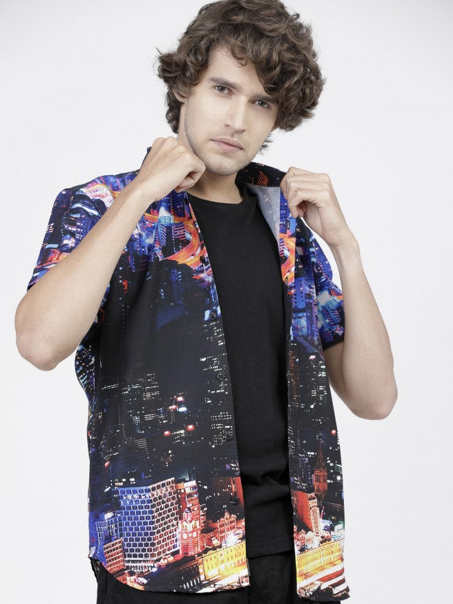Mens Blue/Multi Slim Fit Printed Casual Shirt - Blue - Image 1