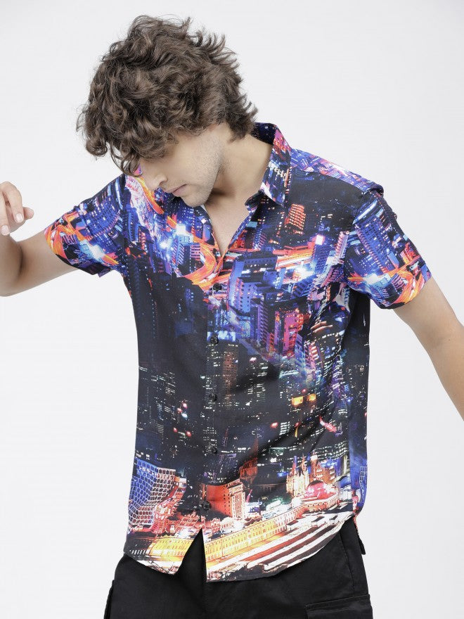 Mens Blue/Multi Slim Fit Printed Casual Shirt - Blue - Image 2