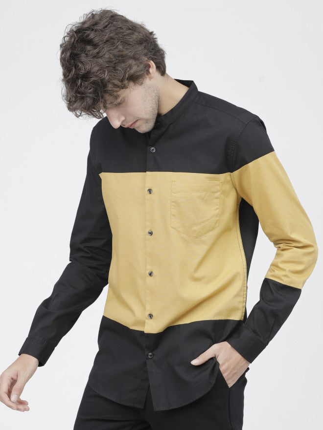 Mens Black/Yellow Slim Fit Colourblocked Casual Shirt - Black - Image 1