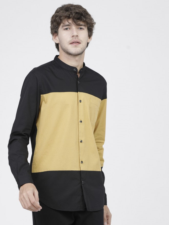Mens Black/Yellow Slim Fit Colourblocked Casual Shirt - Black - Image 2