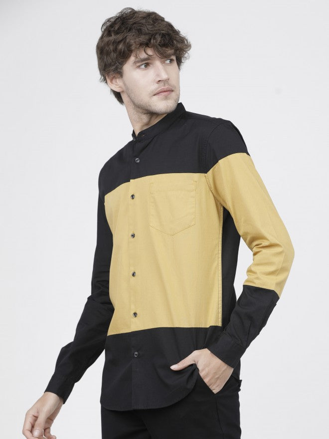 Mens Black/Yellow Slim Fit Colourblocked Casual Shirt - Black - Image 3