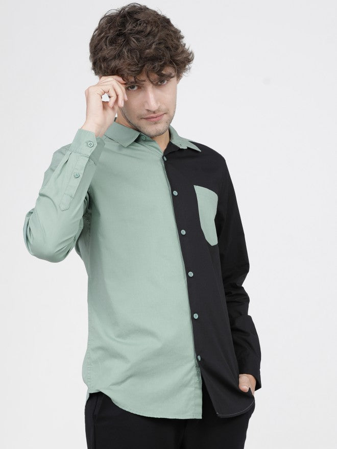 Mens Green/Black Slim Fit Colourblocked Casual Shirt - Green - Image 1