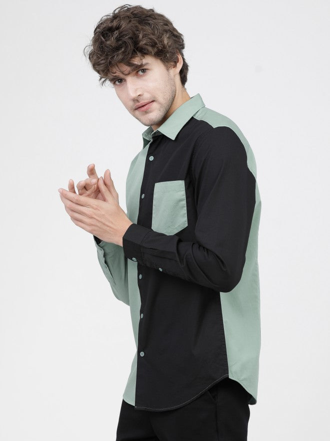 Mens Green/Black Slim Fit Colourblocked Casual Shirt - Green - Image 2