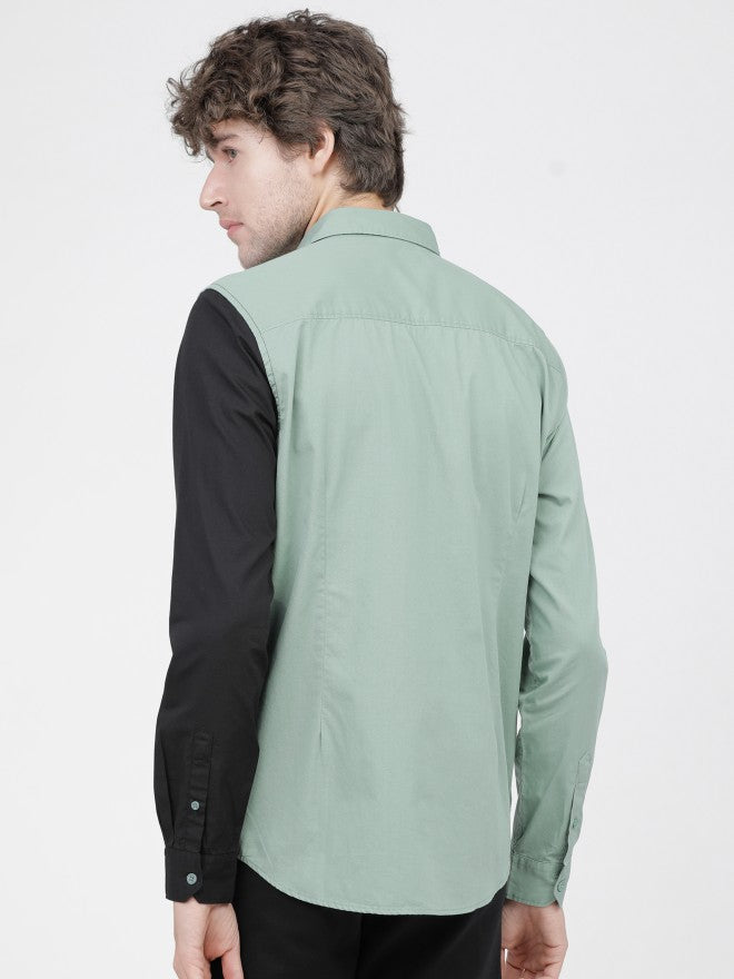Mens Green/Black Slim Fit Colourblocked Casual Shirt - Green - Image 3