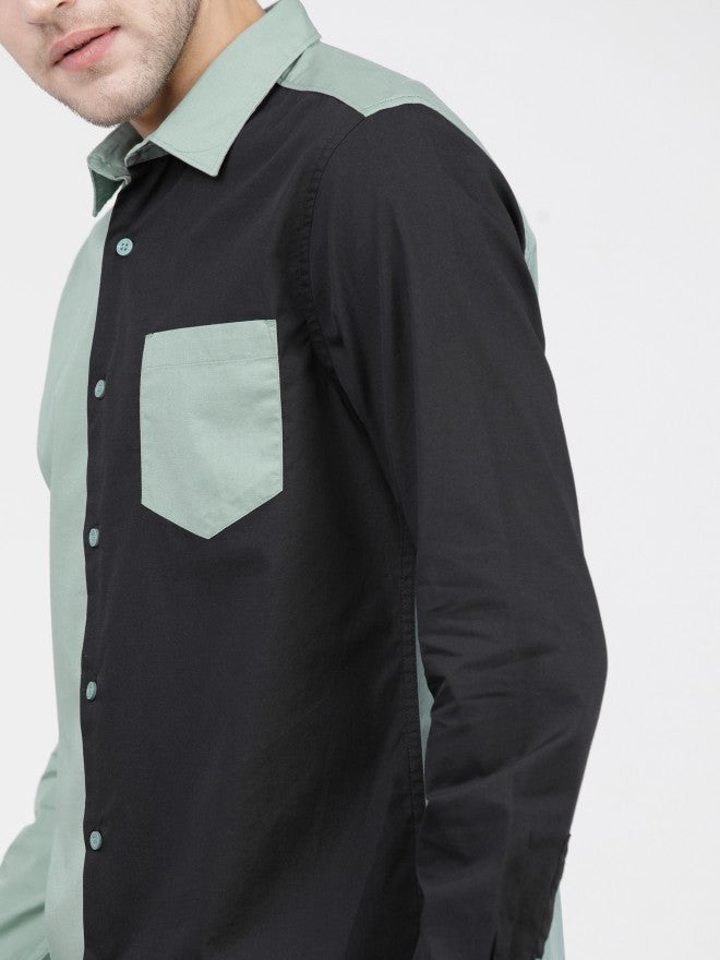Mens Green/Black Slim Fit Colourblocked Casual Shirt - Green - Image 4