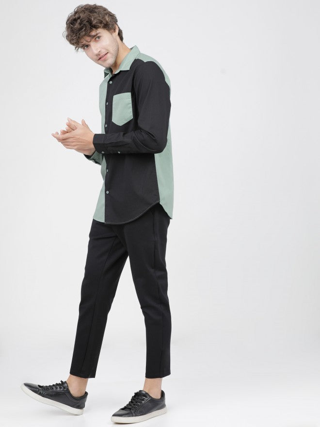 Mens Green/Black Slim Fit Colourblocked Casual Shirt - Green - Image 5