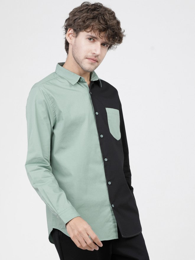 Mens Green/Black Slim Fit Colourblocked Casual Shirt - Green - Image 6
