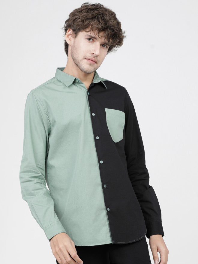 Mens Green/Black Slim Fit Colourblocked Casual Shirt - Green - Image 7