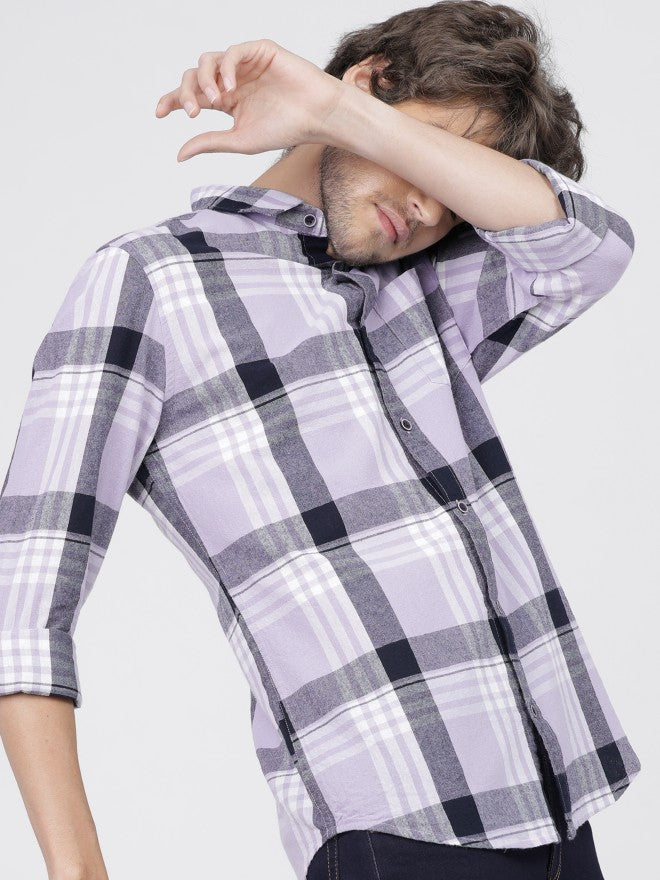 Mens Lavender/Navy Slim Fit Checked Casual Shirt - Lavender - Image 1