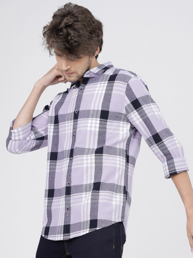 Mens Lavender/Navy Slim Fit Checked Casual Shirt - Lavender - Image 2
