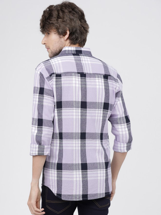 Mens Lavender/Navy Slim Fit Checked Casual Shirt - Lavender - Image 3