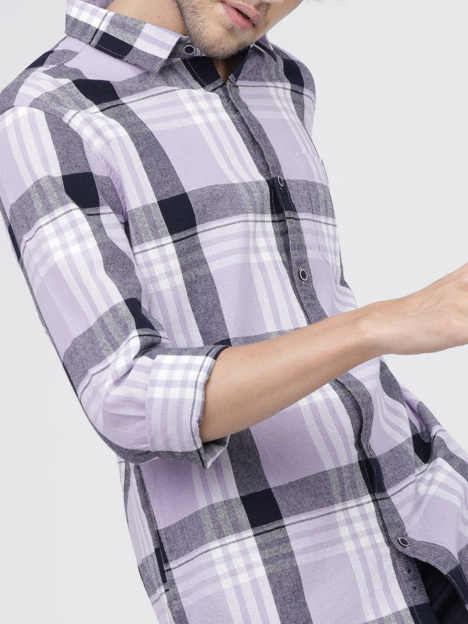 Mens Lavender/Navy Slim Fit Checked Casual Shirt - Lavender - Image 4