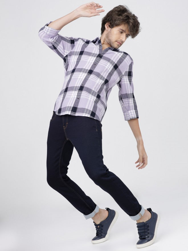 Mens Lavender/Navy Slim Fit Checked Casual Shirt - Lavender - Image 5